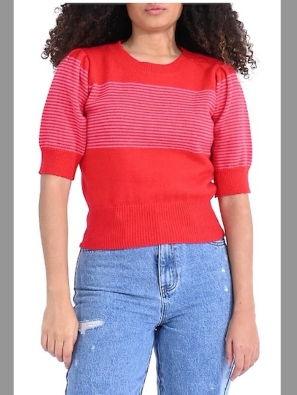 Lili Sidonio Puff-Sleeve Striped Knitted Red Sweater NWT Size Large